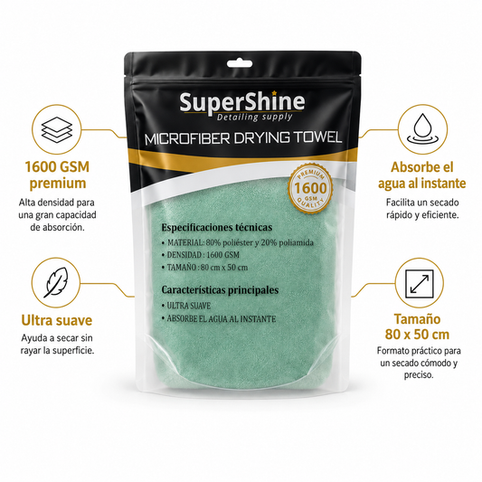 Toalla de Secado M SuperShine 1600 GSM 80x50 cm – Microfibra Ultra Absorbente para Auto