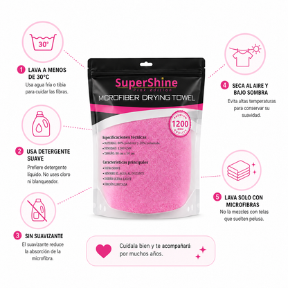 Toalla de Secado SuperShine Pink Edition 1200 GSM 80x50 cm – Microfibra Ultra Absorbente