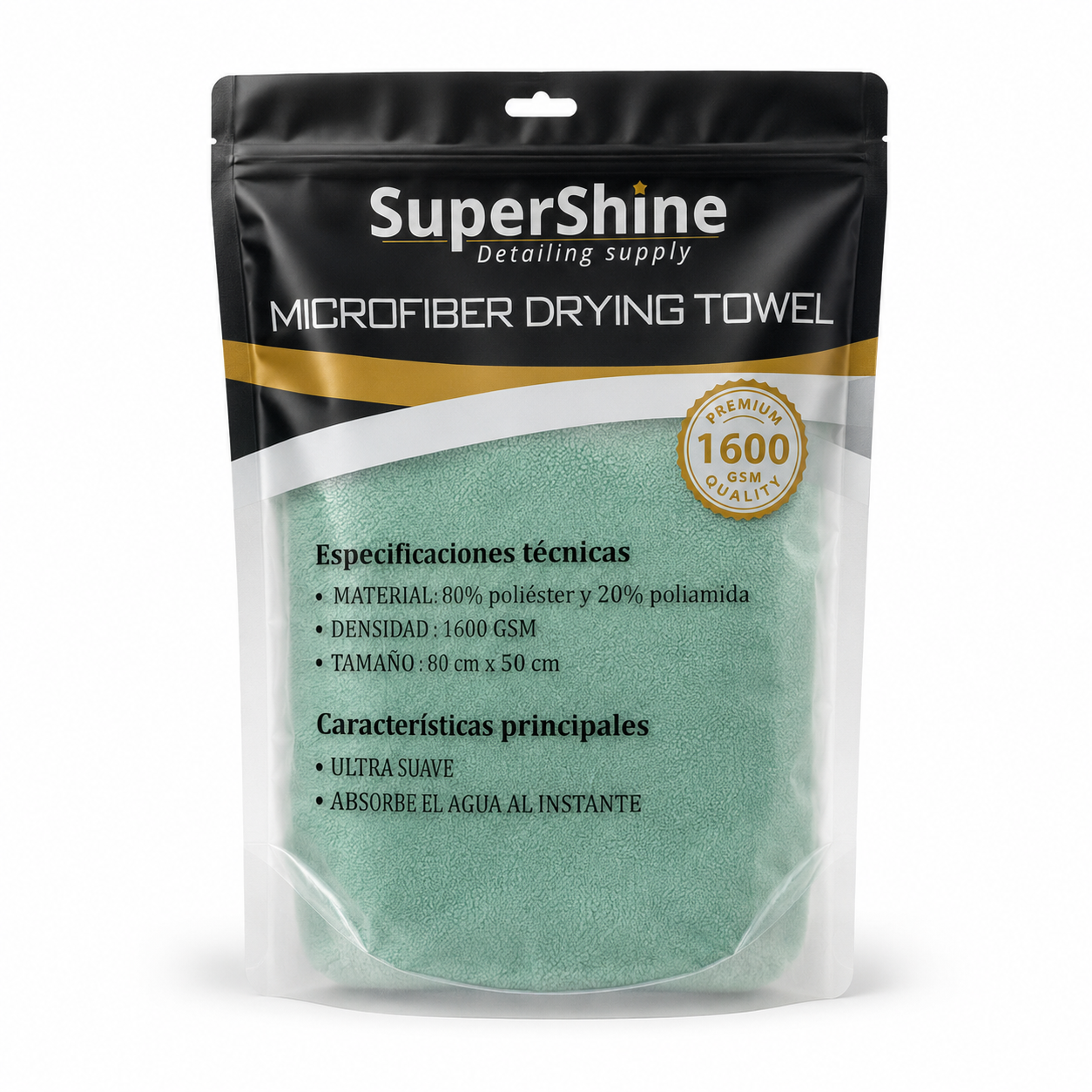 Toalla de Secado M SuperShine 1600 GSM 80x50 cm – Microfibra Ultra Absorbente para Auto