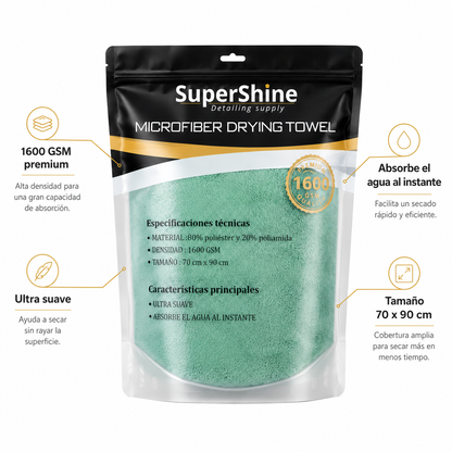 Toalla de Secado XL SuperShine 1600 GSM 90x70 cm – Microfibra Ultra Absorbente para Auto