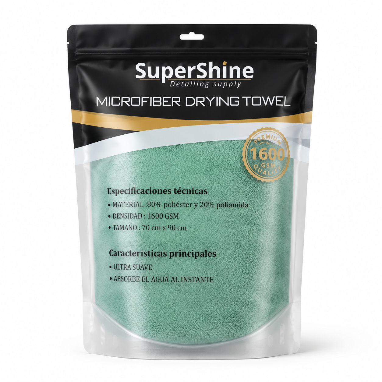 Toalla de Secado XL SuperShine 1600 GSM 90x70 cm – Microfibra Ultra Absorbente para Auto