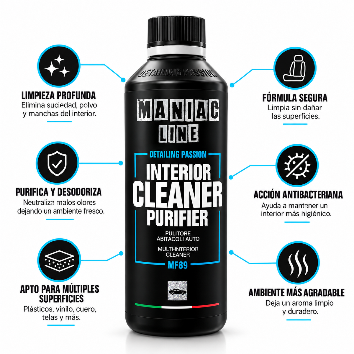 MA-FRA Maniac Line MF89 Interior Cleaner Purifier 500 ml | Limpiador de Interiores con Acción Higienizante
