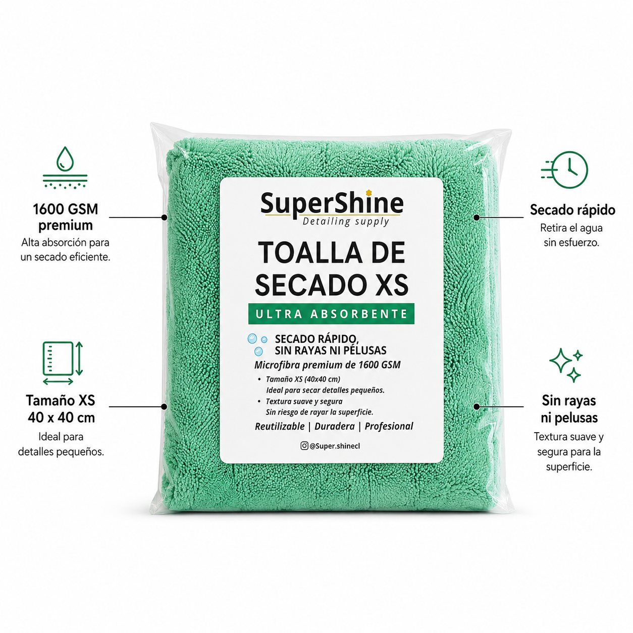 Toalla de Secado XS SuperShine 1600 GSM 40x40 cm – Microfibra Premium Ultra Absorbente para Auto