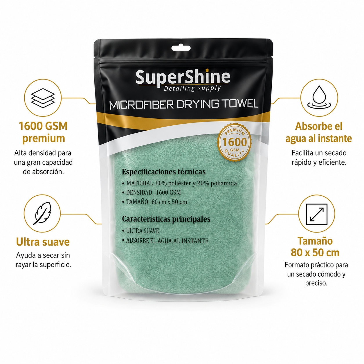 Toalla de Secado M SuperShine 1600 GSM 80x50 cm – Microfibra Ultra Absorbente para Auto
