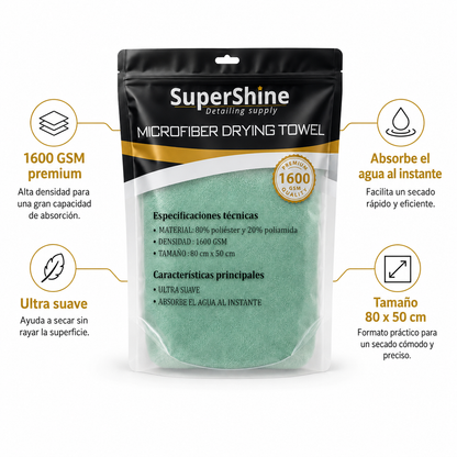 Toalla de Secado M SuperShine 1600 GSM 80x50 cm – Microfibra Ultra Absorbente para Auto