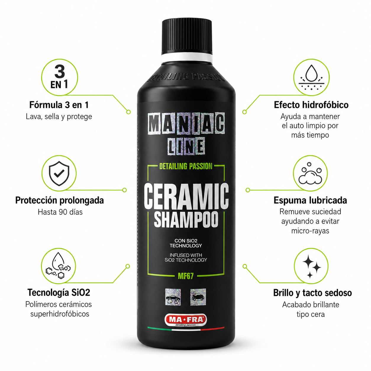 MA-FRA Maniac Line Ceramic Shampoo MF67 con SiO2 – Shampoo Cerámico 3 en 1 para Auto 500 ml