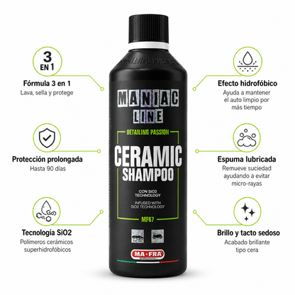 MA-FRA Maniac Line Ceramic Shampoo MF67 con SiO2 – Shampoo Cerámico 3 en 1 para Auto 500 ml