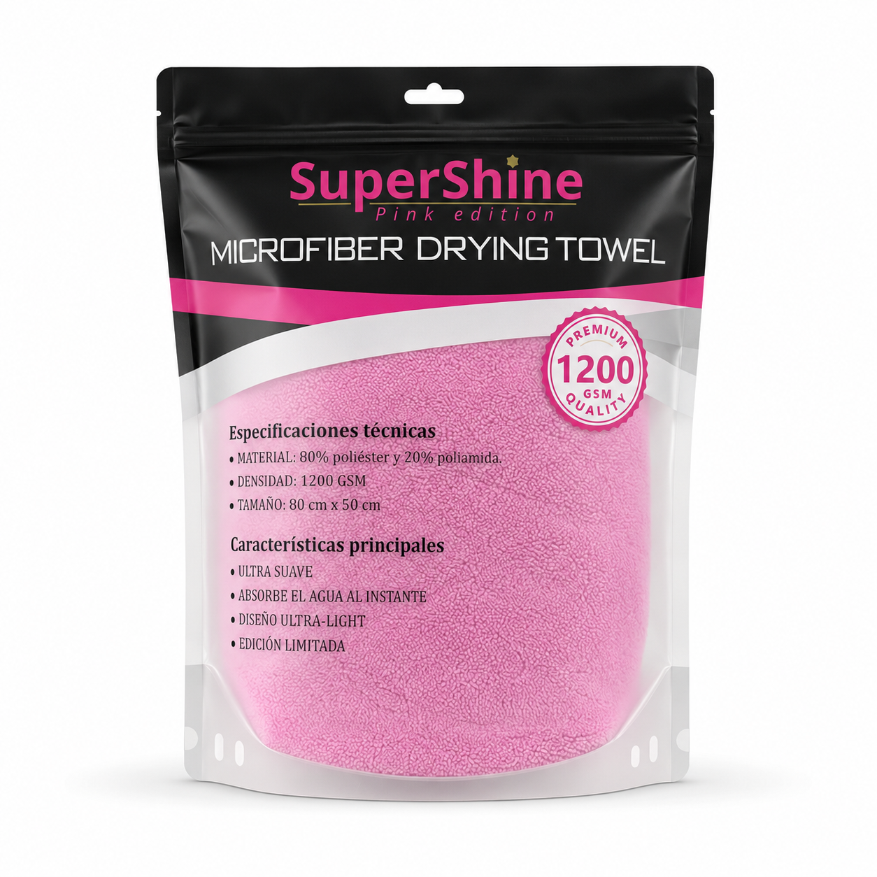 Toalla de Secado SuperShine Pink Edition 1200 GSM 80x50 cm – Microfibra Ultra Absorbente