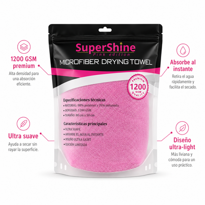 Toalla de Secado SuperShine Pink Edition 1200 GSM 80x50 cm – Microfibra Ultra Absorbente